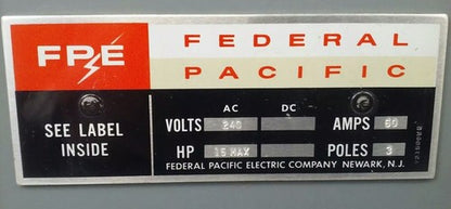 FPE 1632 TYPE A FUSIBLE SAFETY SWITCH 3P, 60A, 240VAC, 4 WIRE, 3 BLADES,7 1/2HP 2