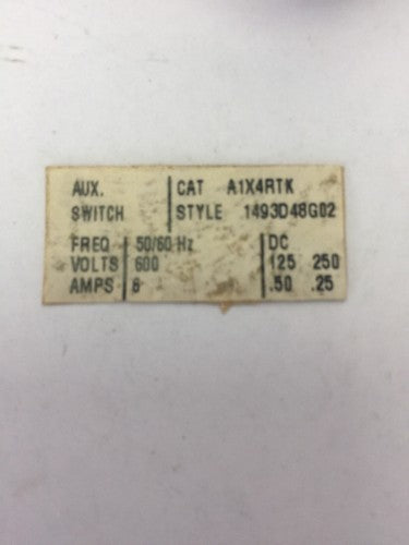 WESTINGHOUSE/CUTLER HAMMER A1X4RTK AUXILIARY SWITCH 125/250VDC .5/.25A 600VAC 6A1