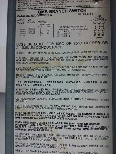 SQUARE D QMB361TW SERIES E1 FUSIBLE TWIN PANELBOARD SWITCH 30A 600V 3P 20HP3