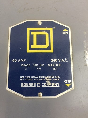 SQUARE D H86352 FUSIBLE SAFETY SWITCH SERIES A2 240VAC 60AMP 15HP 3 POLE1