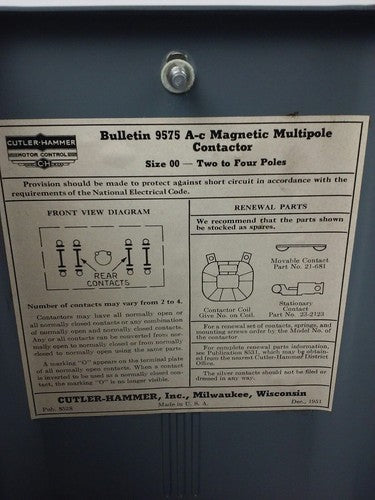 CUTLER HAMMER, 9575H2027, MAGNETIC A.C. RELAY,440V,60HZ,2P, SIZE 00, 9575H, NEW3