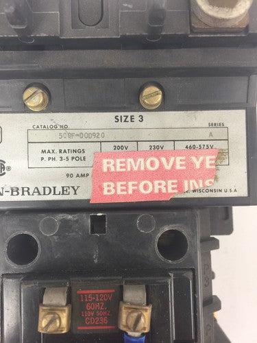 ALLEN BRADLEY 500F-D0D920 AC CONTACTOR 115-120V 60HZ 110V 50HZ SIZE 3 90 AMP 2
