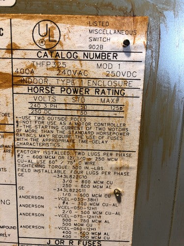 GE TYPE QMR THFP325 400 Amp 240VAC 250DVC Panelboard Unit W/Hardware4