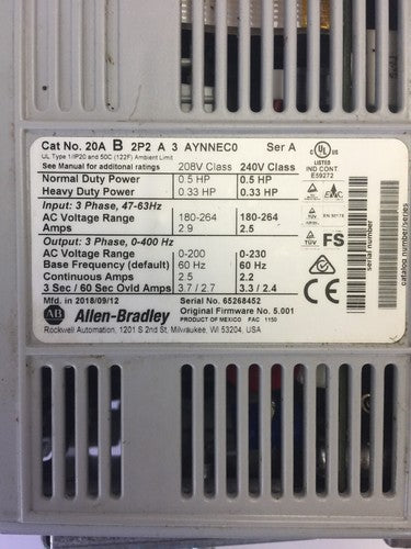 ALLEN BRADLEY POWER FLEX 70 20AB2P2A3AYNNEC0 AC DRIVE SERA INPUT 180-264VAC 1