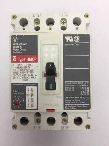 WESTINGHOUSE HMCP007C0C 7AMP 600VAC 250VDC SERIES C 3P 6630C87G050