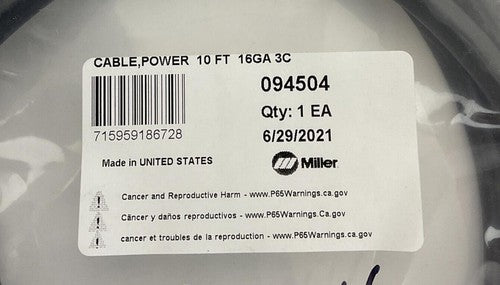 MILLER 094504 POWER CABLE 10FT 16GA 3C1