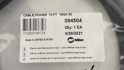 MILLER 094504 POWER CABLE 10FT 16GA 3C1