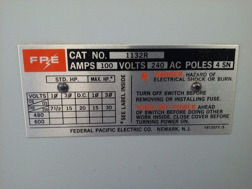 FPE 1132R FUSIBLE HEAVY DUTY SAFETY SWITCH 3P, 100A, 240VAC, 4 WIRE, 30HP2