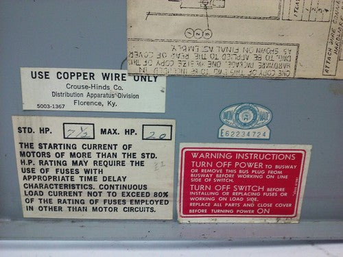 ARROW-HART BUSSWAY, 30AMP 3PH, 3W, 480V, MAX H.P. 20, FUSIBLE, DISCONNECT, USED 4