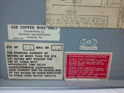 ARROW-HART BUSSWAY, 30AMP 3PH, 3W, 480V, MAX H.P. 20, FUSIBLE, DISCONNECT, USED 4