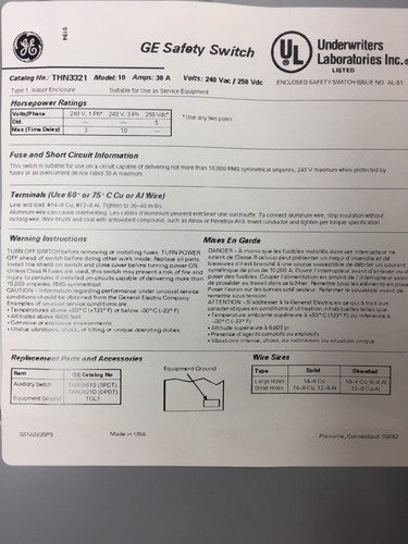 GE THN3321 SAFETY SWITCH HEAVY DUTY INDOOR NON FUSIBLE 3 POLES 240VAC 250VDC 30A5