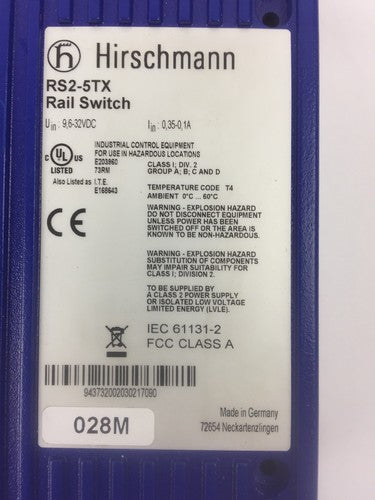 HIRSCHMANN RS2-5TX ETHERNET RAIL SWITCH 5 PORT 9.6-32VDC1
