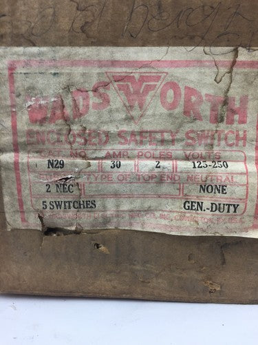 WADSWORTH N29 SAFETY SWITCH 30 AMP 2 POLES 125-250 V GENERAL DUTY (5 SWITCHES)0