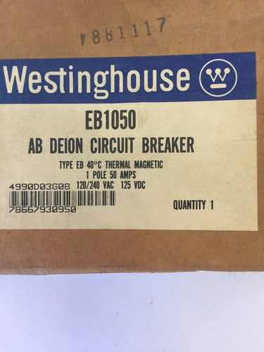 WESTINGHOUSE EB1050 CIRCUIT BREAKER 50AMP 1POLE 120/240VAC 125VDC 4990D03G081