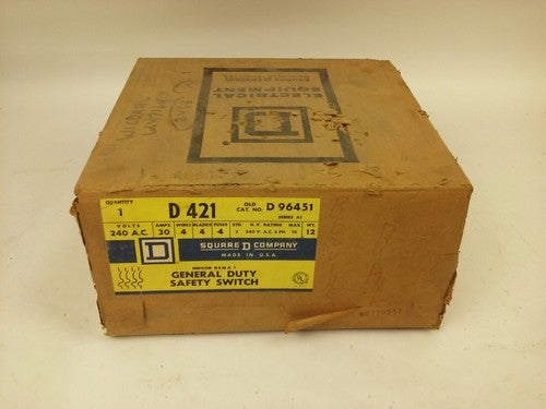 SQ.D GENERAL DUTY SAFETY SWITCH D421, D-421, SER. A1, 240V, 30A, FUSIBLE, NIB0