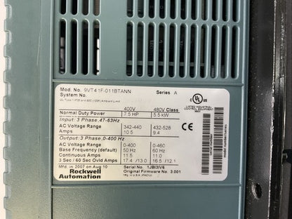 ROCKWELL AUTOMATION 9VT41F-011BTANN AC DRIVE SER A 400V 7.5HP FIRMWARE NO 3.0011