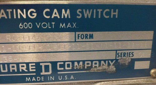 SQUARE D ROTATING CAM LIMIT SWITCH CLASS 9008, TYPE RC-114AW, SER. FOL-2, 600V3
