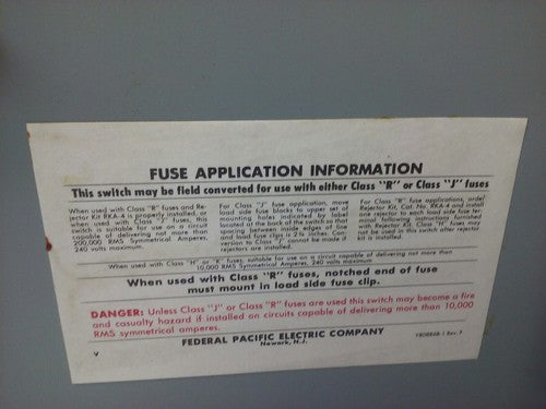 FPE 1132R FUSIBLE HEAVY DUTY SAFETY SWITCH 3P, 100A, 240VAC, 4 WIRE, 30HP5