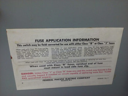 FPE 1132R FUSIBLE HEAVY DUTY SAFETY SWITCH 3P, 100A, 240VAC, 4 WIRE, 30HP5