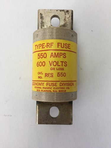 ECONOMY FUSE RFS 550 TYPE-RF FUSE 550 AMP 600 VOLTS FEDERAL PACIFIC ELECTRIC0