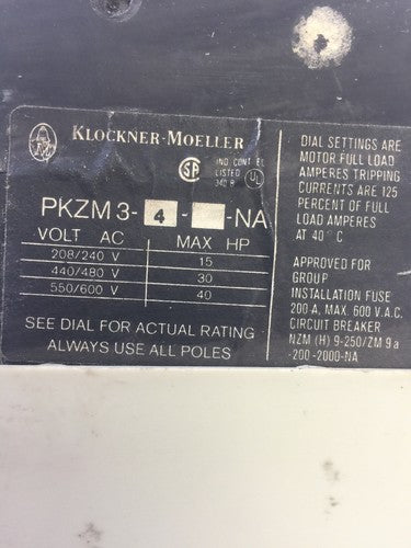KLOCKNER MOELLER PKZM3-4-U-NA MANUAL MOTOR STARTER 550/600VAC 40HP 2.2-3.8A1