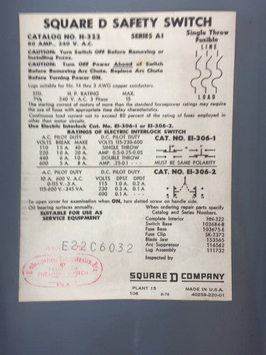 SQUARE D H322 FUSIBLE SAFETY SWITCH SERIES A1 240VAC 60AMP 15HP 3 POLE7