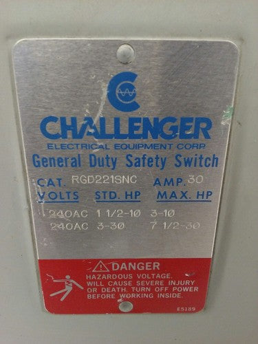 CHALLENGER RGD221SNC, G.D. SAFETY SWITCH, 30A, 240V, TYPE 3R RAINPROOF ENCLOSURE1