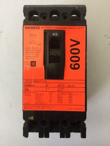 SIEMENS EM6B045T SENTRON STANDARD MINING DUTY BREAKER 45A 600VAC 500VDC 3 POLE0