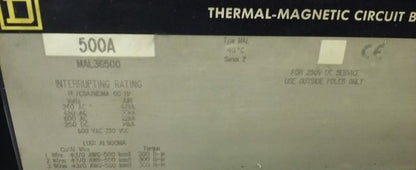 SQUARE D MAL36500 SER.2 CIRCUIT BREAKER TRIP UNIT 3P 500A 600VAC/250VDC 60HZ1