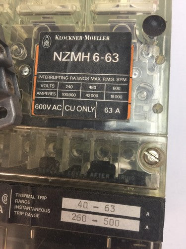 KLOCKNER MOELLER NZMH6-63 CIRCUIT BREAKER 600VAC 63A ZM6-63-CNA THERMAL TRIP 1