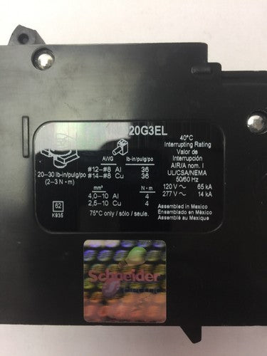 SCHNEIDER ECB142020G3EL POWERLINK CIRCUIT BREAKER 277VAC 14kA 120VAC 65kA  20AMP1