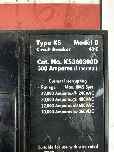 CUTLER HAMMER KS360300D CIRCUIT BREAKER MODEL D 300A 600VAC 250VDC 3P W/SNT3P11K1