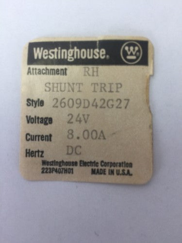 WESTINGHOUSE/CUTLER HAMMER 2609D42G27 RH SHUNT TRIP 24VDC 8.0A1