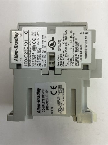 ALLEN BRADLEY 100-C23UEJ01 CONTACTOR SER C 600VAC 30A 15HP 3PH COIL 24VDC0