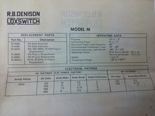 R.B.DENISON M4 SERIES D PRECISON LIMIT SWITCH, NEMA B600, 600V, 30A, MODEL M7