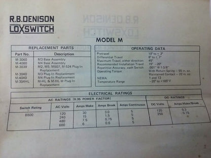 R.B.DENISON M4 SERIES D PRECISON LIMIT SWITCH, NEMA B600, 600V, 30A, MODEL M7