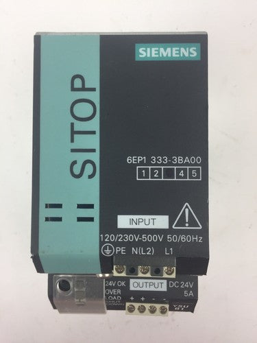 SIEMENS 6EP1333-3BA00 POWER SUPPLY INPUT 120-230/230-500VAC OUTPUT 24VDC/5A/120W0