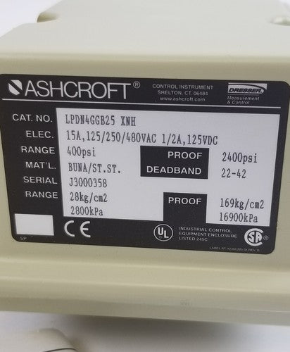 ASHCROFT LDDN4GGB25 XNH PRESSURE SWITCH RANGE: 30 PSID PROOF 2000 PSI2