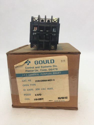 GOULD 2190-E60AA MOD A GENERAL PURPOSE RELAY 300VAC 10A 2090-810 COIL 110-120V0