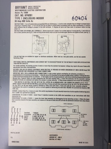 WESTINGHOUSE HFN361 HEAVY DUTY SAFETY SWITCH 600 VAC 30 AMP TYPE 1 ENCLOSURE4