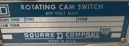 SQUARE D ROTATING CAM LIMIT SWITCH CLASS 9008, TYPE RC-114AW, SER. FOL-2, 600V1