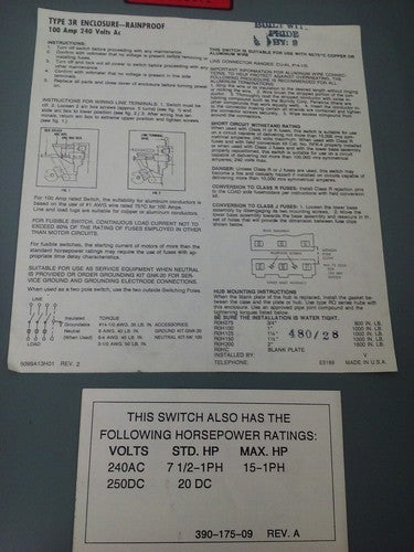 CHALLENGER RHD323SNC FUSIBLE SAFETY SWITCH 3PH 100A 240V 30HP TYPE 3R RAINPROOF2