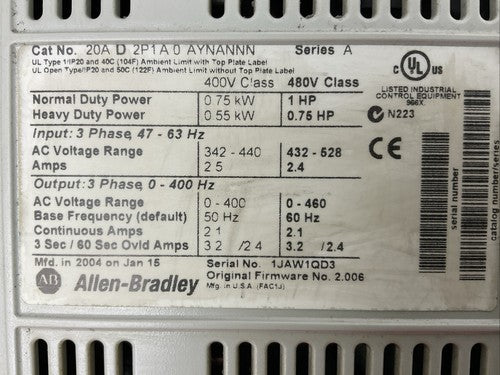 ALLEN BRADLEY 20AD2P1A0AYNANNN SER A FW 2.006 AC DRIVE1