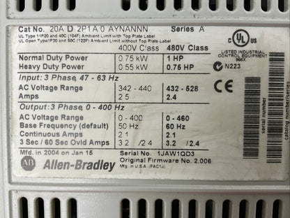 ALLEN BRADLEY 20AD2P1A0AYNANNN SER A FW 2.006 AC DRIVE1