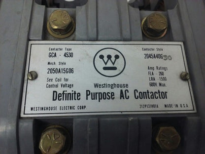 WESTINGHOUSE GCA4530 AC CONTACTOR, 600V MAX, FLA 260A-LRA 1500A, 120V COIL, USED1