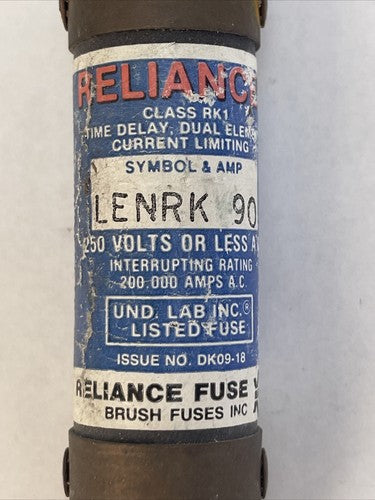 RELIANCE LENRK90 CURRENT LIMITING DUAL ELEMENT CLASS RK1 FUSE 90AMP 250VAC1