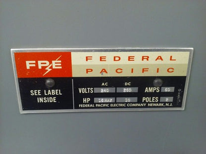 FPE 1622 1622R TYPE A FUSIBLE SAFETY SWITCH 3P, 60A, 240V, 3 WIRE, 2 BLADES 2