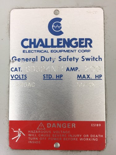 CHALLENGER GD324NFC 200 AMP 240 VAC 3 POLES NEMA 1 NON FUSIBLE GENERAL DUTY0