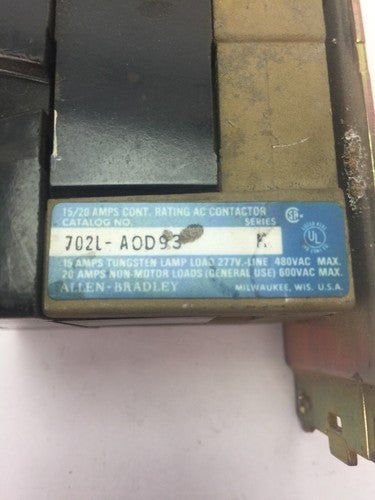 ALLEN BRADLEY 702L-AOD93 CONTACTOR 600VAC 20AMP SERIES K 70A86 COIL 120V 60HZ 1