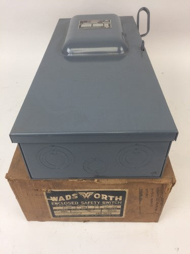 WADSWORTH 8712N ENCLOSED FUSIBLE SAFETY SWITCH 100A 240VAC 3 POLES AT-DE 100R0